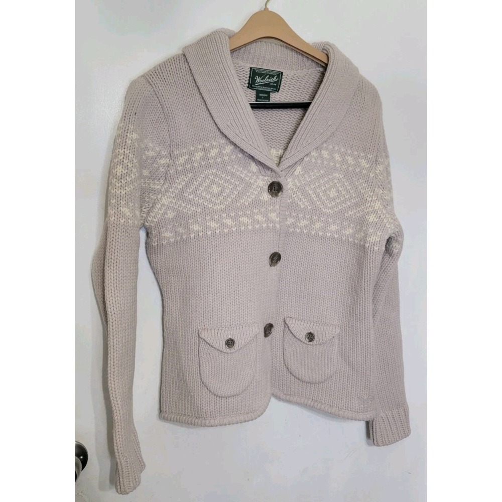 Woolrich Fair Isle Lambs Wool Stone Cardigan Sweater Womens Large
